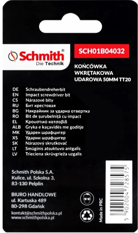 BIT UDAROWY TORX TT20 50mm KOŃCÓWKA MAGNETYCZNA BITY ZESTAW 2szt SCHMITH