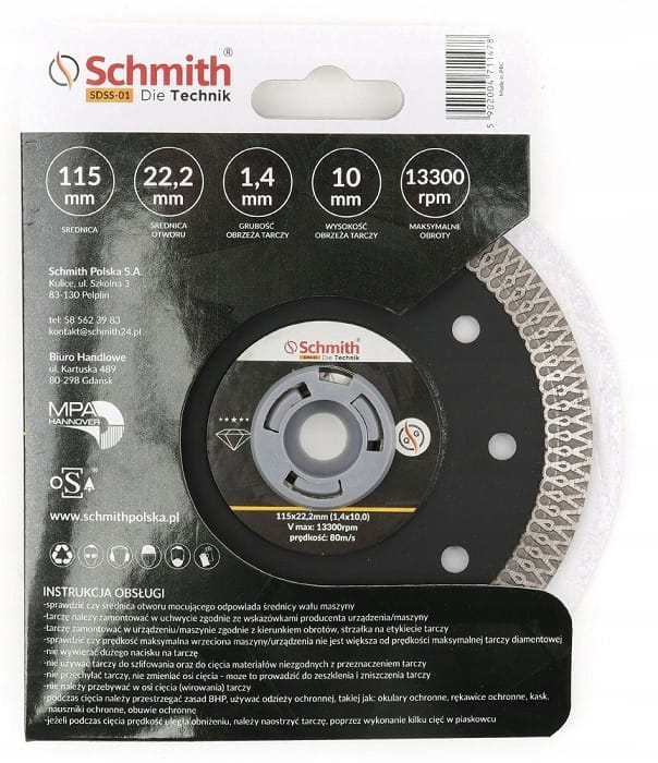 TARCZA DIAMENTOWA 115mm DO GRESU PŁYTEK GLAZURY SUPER SLIM SCHMITH