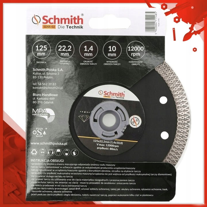 TARCZA DIAMENTOWA 125mm DO GRESU PŁYTEK GLAZURY SUPER SLIM SCHMITH