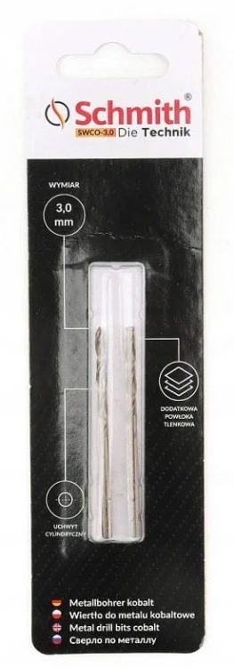 SCHMITH WIERTŁO DO METALU KOBALTOWE 3mm 2szt ZESTAW DO STALI ŻELIWA METALU