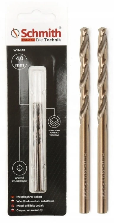 SCHMITH WIERTŁO DO METALU KOBALTOWE 4mm 2szt ZESTAW DO STALI ŻELIWA METALU
