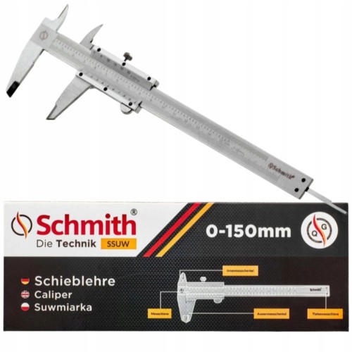SUWMIARKA METALOWA ANALOGOWA NONIUSZKOWA 0-150mm DOKŁADNA 0,02 ETUI SCHMITH