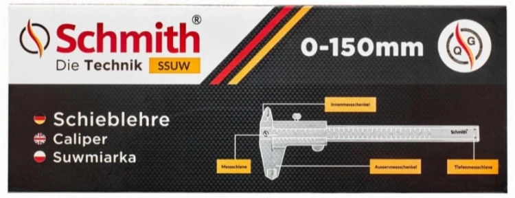 SUWMIARKA METALOWA ANALOGOWA NONIUSZKOWA 0-150mm DOKŁADNA 0,02 ETUI SCHMITH