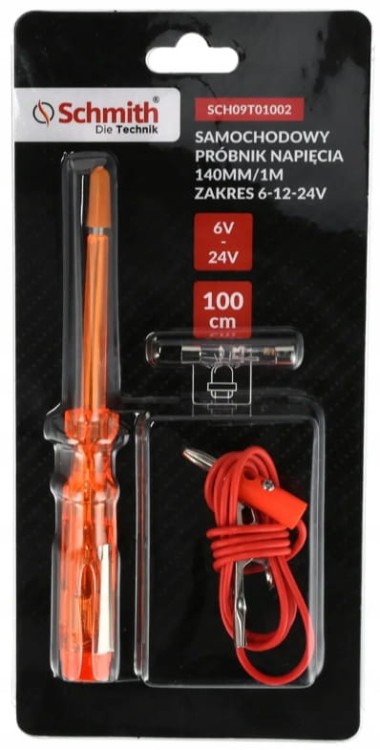 PRÓBNIK NAPIĘCIA TESTER PRĄDU SAMOCHODOWY 140mm PRZEWÓD 1M 6-12-24V SCHMITH
