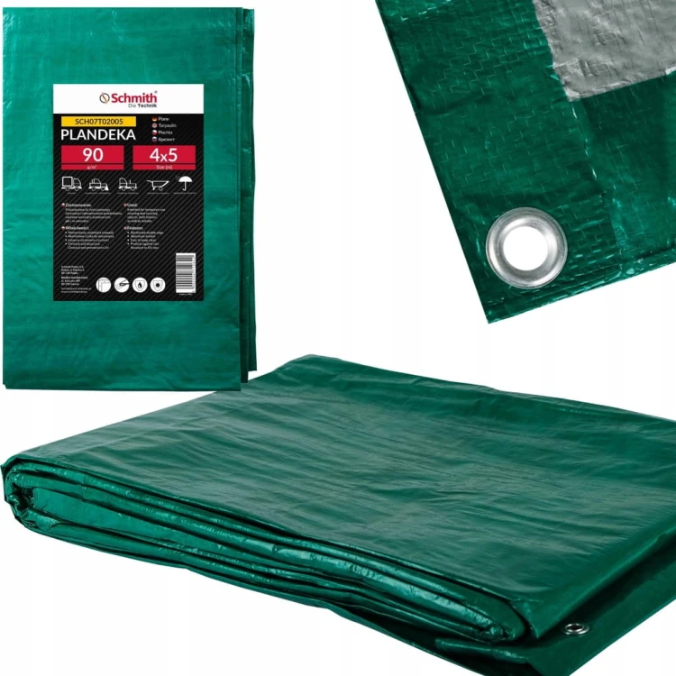 PLANDEKA 4x5 90g ZIELONA WZMACNIANA GRUBA Z OCZKAMI PŁACHTA SCHMITH
