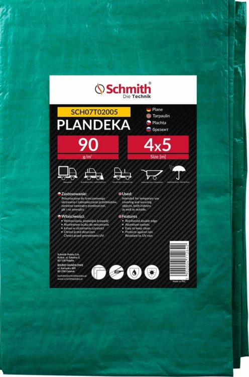 PLANDEKA 4x5 90g ZIELONA WZMACNIANA GRUBA Z OCZKAMI PŁACHTA SCHMITH