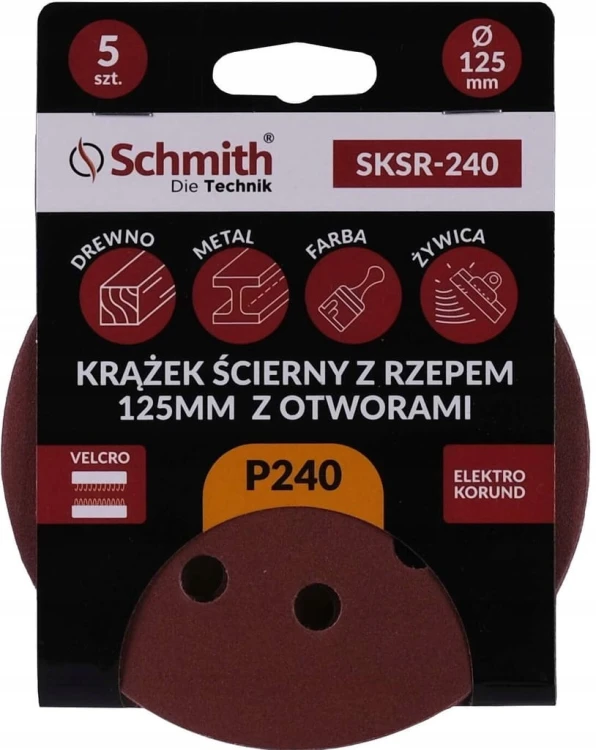 PAPIER ŚCIERNY KRĄŻKI NA RZEP Z OTWORWAMI 125mm P240 ZESTAW 5szt SCHMITH