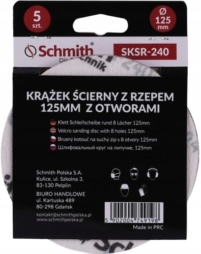 PAPIER ŚCIERNY KRĄŻKI NA RZEP Z OTWORWAMI 125mm P240 ZESTAW 5szt SCHMITH