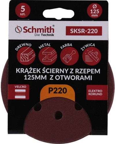 PAPIER ŚCIERNY KRĄŻKI NA RZEP Z OTWORWAMI 125mm P220 ZESTAW 5szt SCHMITH