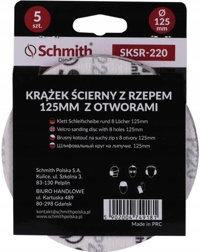 PAPIER ŚCIERNY KRĄŻKI NA RZEP Z OTWORWAMI 125mm P220 ZESTAW 5szt SCHMITH