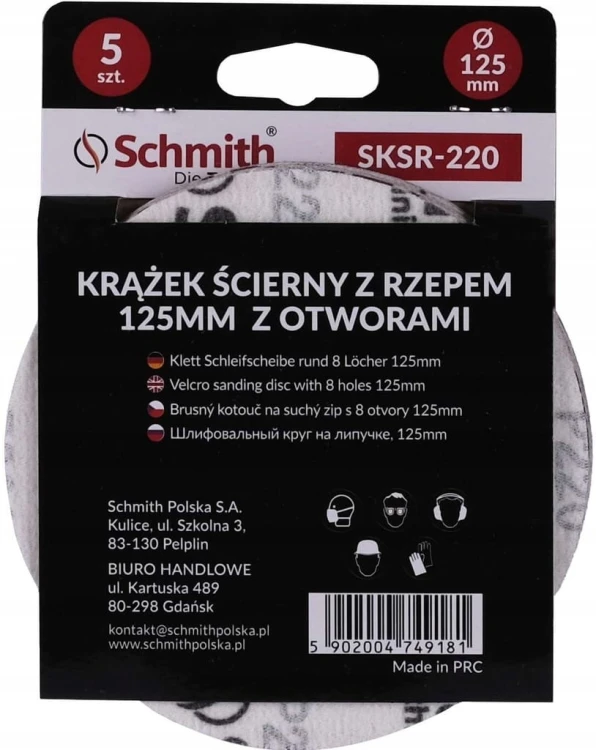 PAPIER ŚCIERNY KRĄŻKI NA RZEP Z OTWORWAMI 125mm P220 ZESTAW 5szt SCHMITH