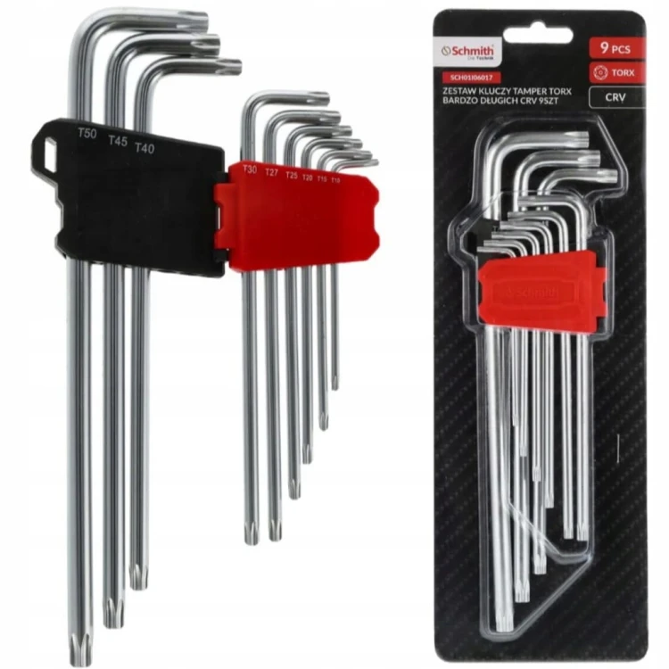 KLUCZE IMBUSOWE TORX TAMPER B.DŁUGIE IMBUS T10-T50 9szt Z OTWOREM SCHMITH