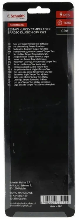 KLUCZE IMBUSOWE TORX TAMPER B.DŁUGIE IMBUS T10-T50 9szt Z OTWOREM SCHMITH