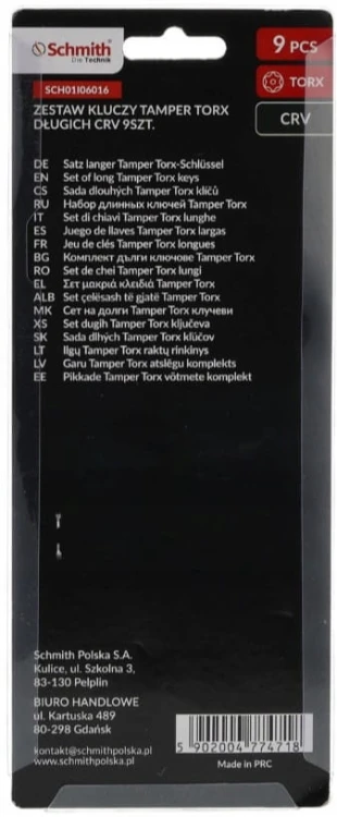 KLUCZE IMBUSOWE TORX TAMPER DŁUGIE IMBUS T10-T50 9szt Z OTWOREM SCHMITH