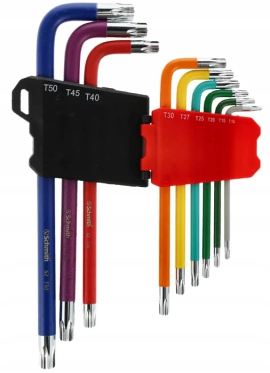 KLUCZE IMBUSOWE TORX DŁUGIE IMBUS T10-T50 KOLOROWE 9szt Z OTWOREM SCHMITH