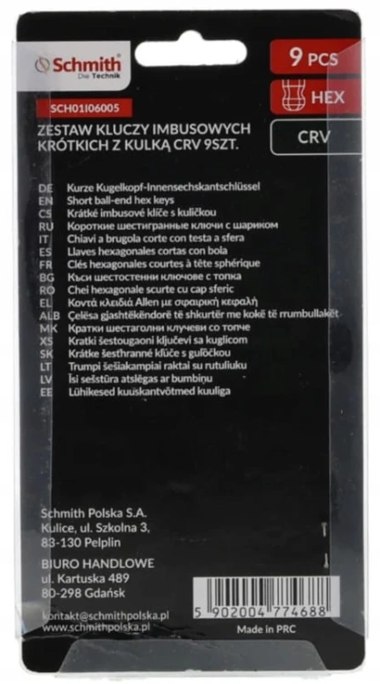 KLUCZE IMBUSOWE HEX KRÓTKIE IMBUS 1,5-10 ZESTAW 9szt Z KULKĄ MOCNE SCHMITH