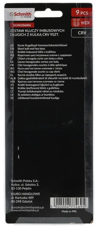 KLUCZE IMBUSOWE HEX DŁUGIE IMBUS 1,5-10 ZESTAW 9szt Z KULKĄ MOCNE SCHMITH