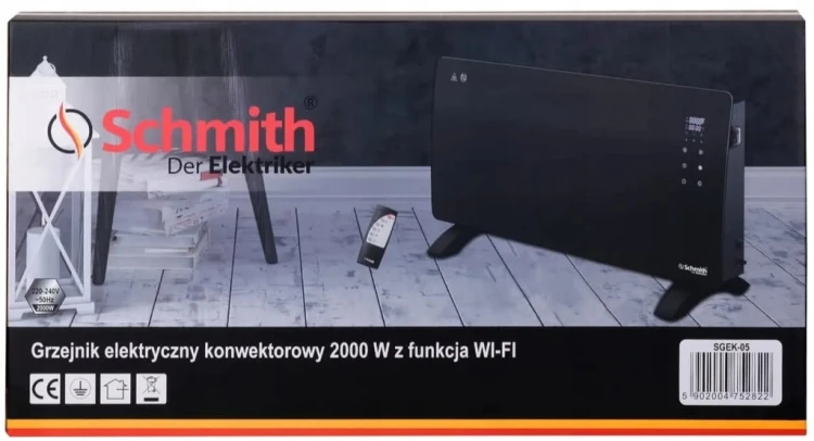 GRZEJNIK ELEKTRYCZNY KONWEKTOROWY TERMOSTAT 2000 SZKLANY PANEL WIFI SCHMITH