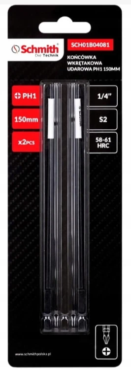 BITY UDAROWE PH1 150mm DŁUGI BIT KRZYŻOWY KOŃCÓWKA WKRĘTAKOWA 2szt SCHMITH