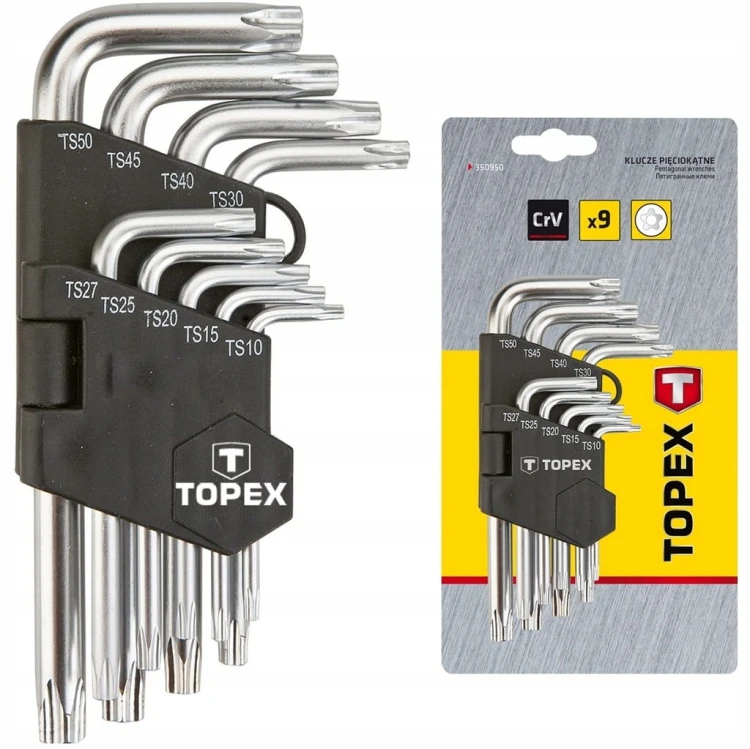 KLUCZE IMBUSOWE TORX KRÓTKIE IMBUS T10-T50 ZESTAW 9szt Z OTWOREM TOPEX