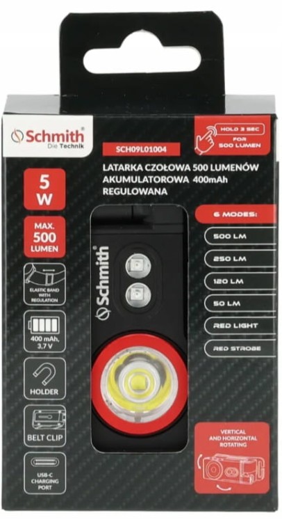 LATARKA CZOŁOWA LED CZOŁÓWKA AKUMULATOROWA NA USB 500lm 400mAh SCHMITH