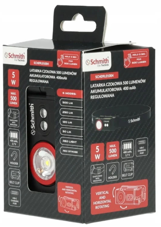 LATARKA CZOŁOWA LED CZOŁÓWKA AKUMULATOROWA NA USB 500lm 400mAh SCHMITH