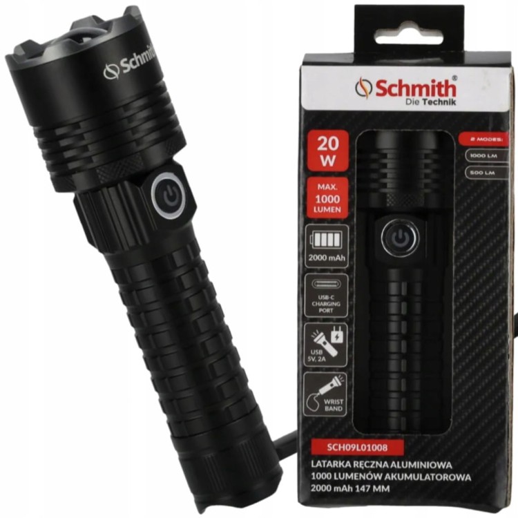 LATARKA RĘCZNA LED AKUMULATOROWA NA USB 1000lm 2000mAh ALUMIONIOWA SCHMITH