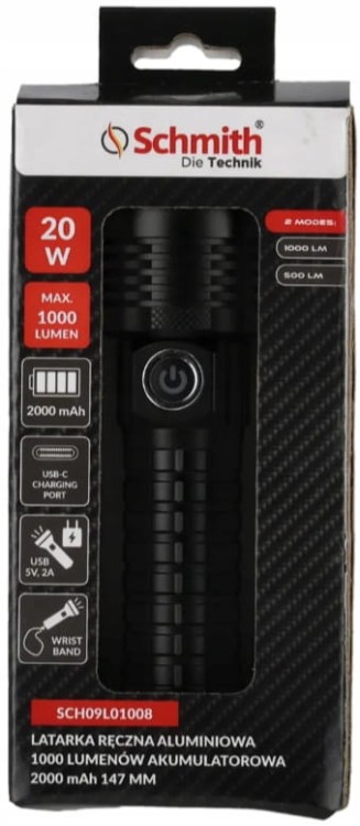 LATARKA RĘCZNA LED AKUMULATOROWA NA USB 1000lm 2000mAh ALUMIONIOWA SCHMITH