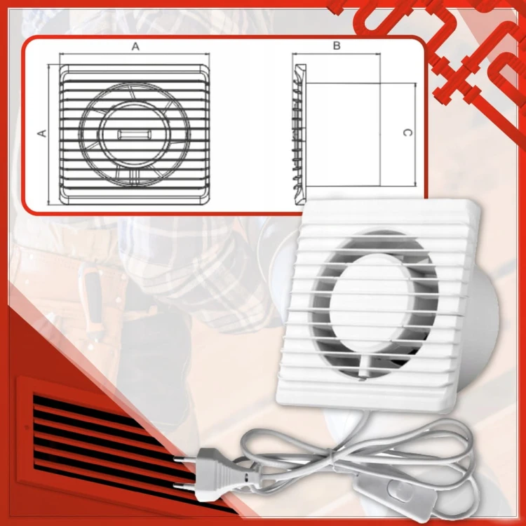 WENTYLATOR ŁAZIENKOWY CICHY DOMOWY KABEL FI 100 Z ZAWOREM ZWROTNYM ZESTAW