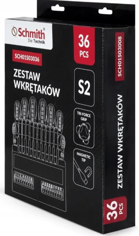 WKRĘTAKI Z MAGNESEM ŚRUBOKRĘTY PŁASKI KRZYŻOWY BITY W STOJAKU 36szt SCHMITH