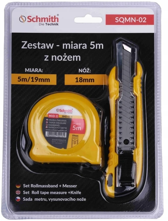 NÓŻ Z OSTRZEM ŁAMANYM 18mm WYMIENNE OSTRZA MIARA TAŚMA METRÓWKA 5m SCHMITH