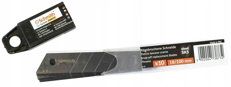 OSTRZA DO NOŻA ŁAMANE WYMIENNE 18mm CZARNE ZESTAW 10szt SCHMITH