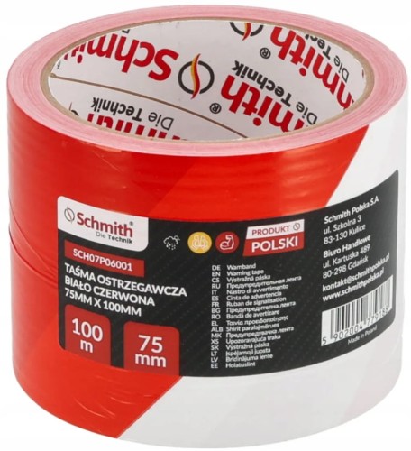 TAŚMA OSTRZEGAWCZA BIAŁO CZERWONA FOLIOWA BUDOWLANA BHP 75mm 100m SCHMITH