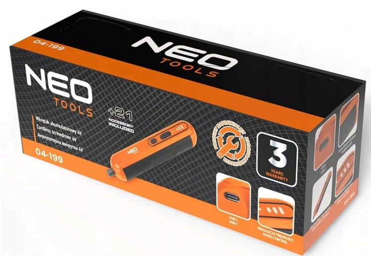 WKRĘTAK AKUMULATOROWY WKRĘTARKA ZESTAW BITY ŚRUBOKRĘT USB-C 4V NEO
