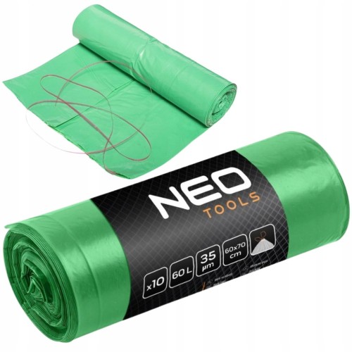 WORKI NA ODPADY ŚMIECI 60L LDPE ZIELONE Z TAŚMA 10szt UNIWERSALNE NEO
