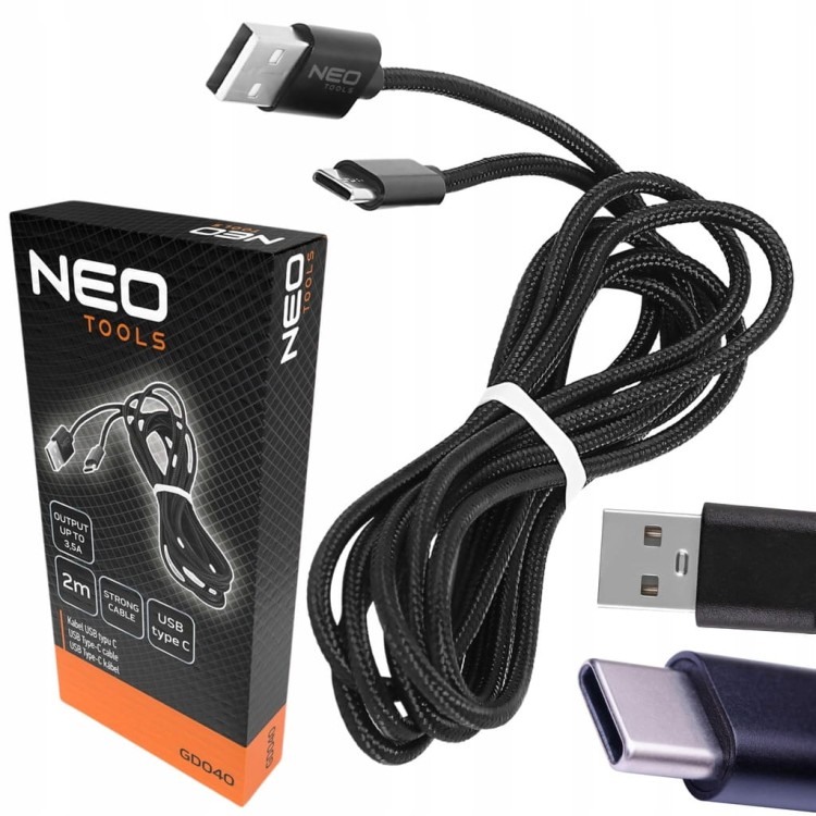 KABEL USB - USB typ C PRZEWÓD 2m CZARNY NYLONOWA OSŁONA NIE PLĄCZE SIĘ NEO