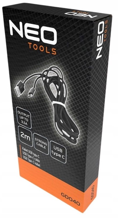 KABEL USB - USB typ C PRZEWÓD 2m CZARNY NYLONOWA OSŁONA NIE PLĄCZE SIĘ NEO
