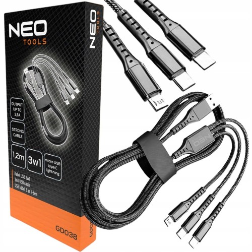 KABEL USB 3w1 USB typ C / Micro USB / Lightning 1,2m czarny nylon NEO