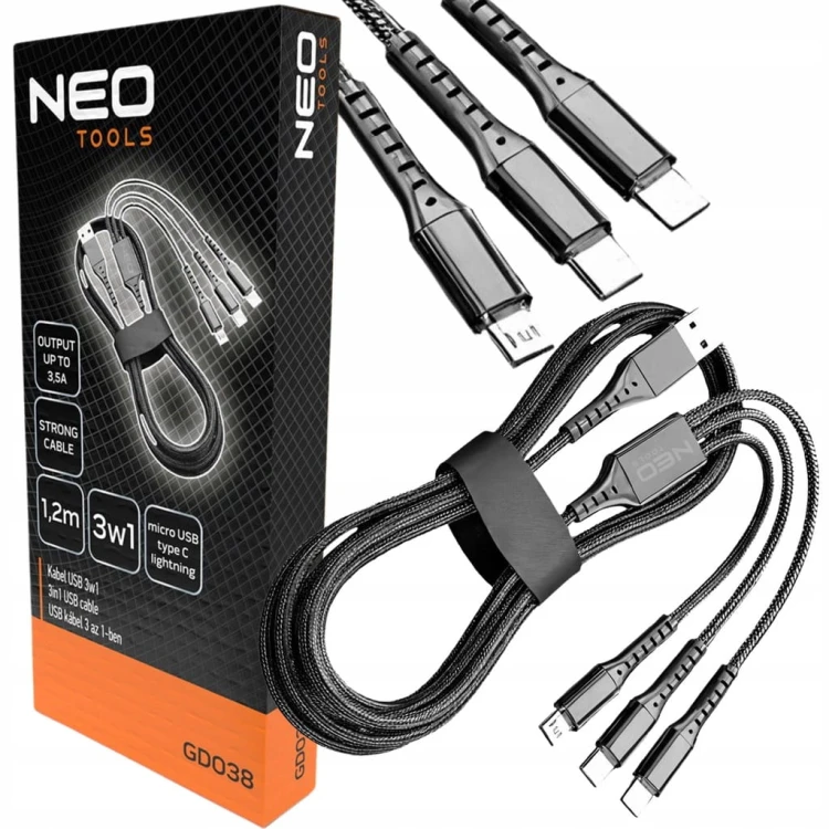 KABEL USB 3w1 USB typ C / Micro USB / Lightning 1,2m czarny nylon NEO