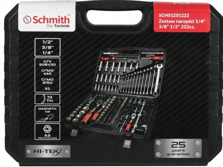ZESTAW KLUCZY NASADOWYCH NARZĘDZI 1/2" 1/4" 3/8" 222szt NASADKI BIT SCHMITH