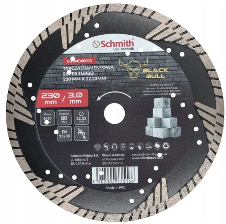 TARCZA DIAMENTOWA 230mm DO GRESU PŁYTEK GLAZURY BETONU SUPER TURBO SCHMITH