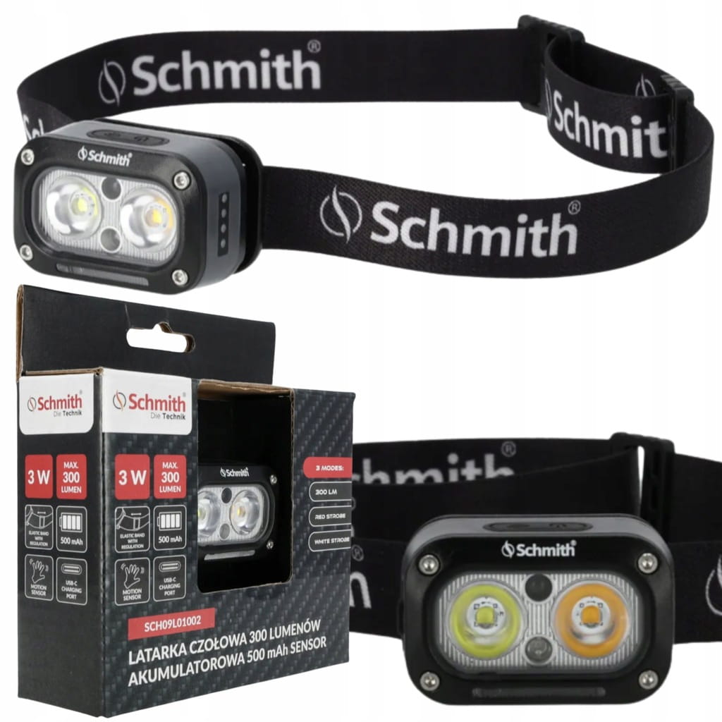 LATARKA CZOŁOWA LED CZOŁÓWKA AKUMULATOROWA USB OPASKA 300lm SENSOR SCHMITH