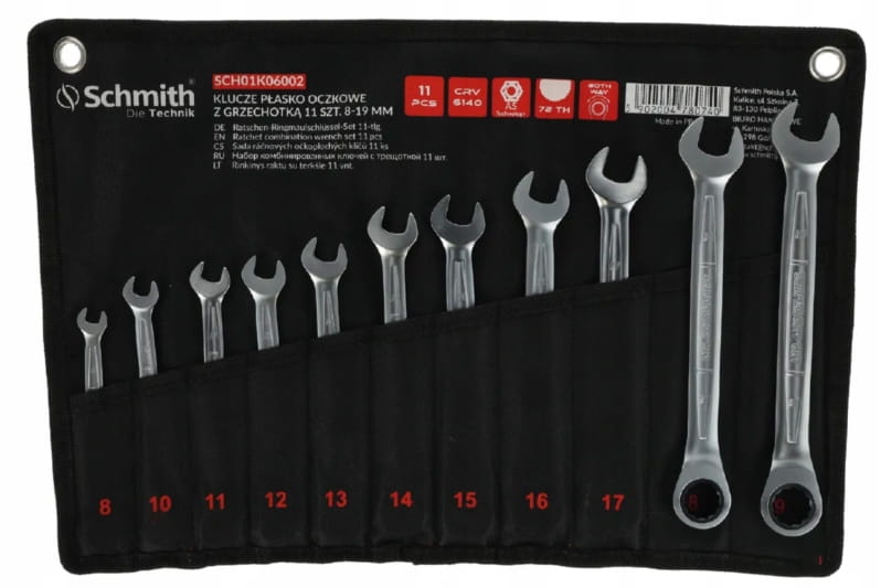 KLUCZE PŁASKO OCZKOWE Z GRZECHOTKĄ 8-19mm ZESTAW KLUCZY 11 SZT SCHMITH