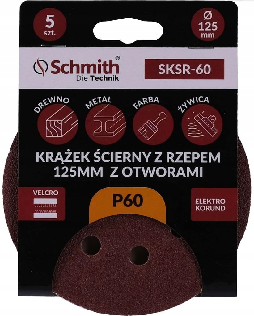 PAPIER ŚCIERNY KRĄŻKI NA RZEP Z OTWORWAMI 125mm P60 ZESTAW 5szt SCHMITH