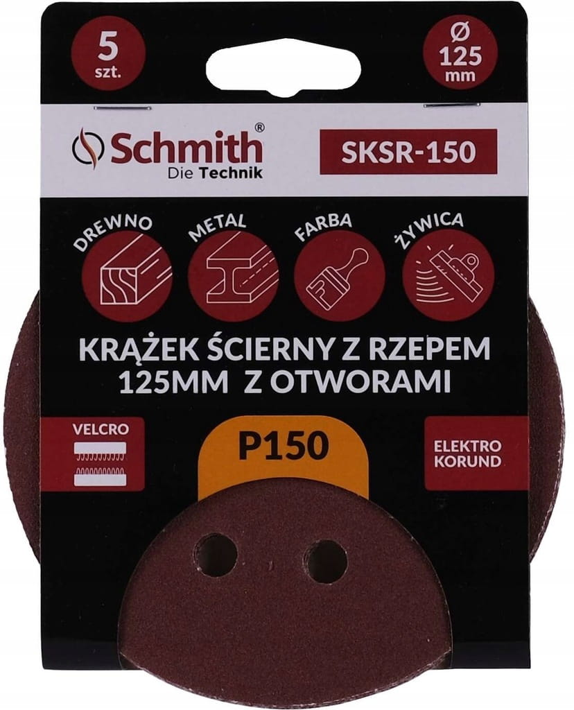 PAPIER ŚCIERNY KRĄŻKI NA RZEP Z OTWORWAMI 125mm P150 ZESTAW 5szt SCHMITH
