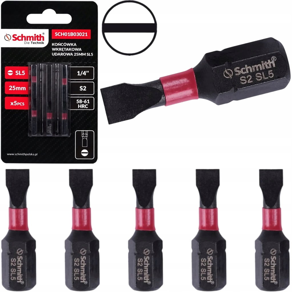 BIT UDAROWY SL5 25mm PŁASKI KOŃCÓWKA MAGNETYCZNA BITY ZESTAW 5szt SCHMITH