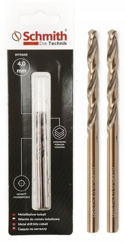 SCHMITH WIERTŁO DO METALU KOBALTOWE 4mm 2szt ZESTAW DO STALI ŻELIWA METALU