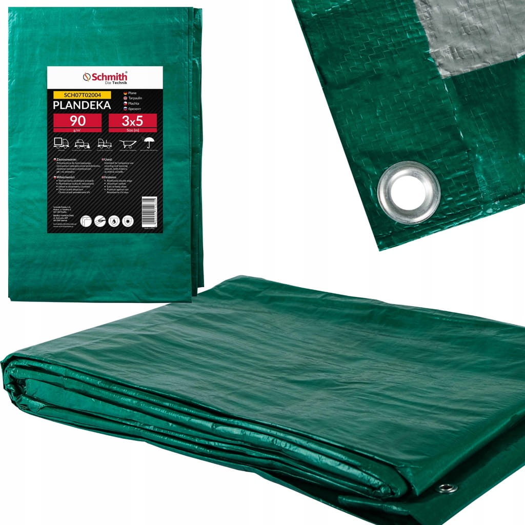 PLANDEKA 3x5 90g ZIELONA WZMACNIANA GRUBA Z OCZKAMI PŁACHTA SCHMITH