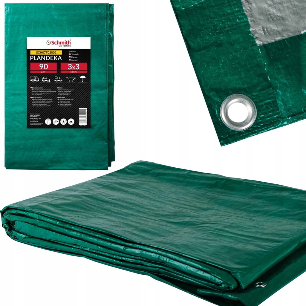 PLANDEKA 3x3 90g ZIELONA GRUBA WZMACNIANA Z OCZKAMI PŁACHTA SCHMITH