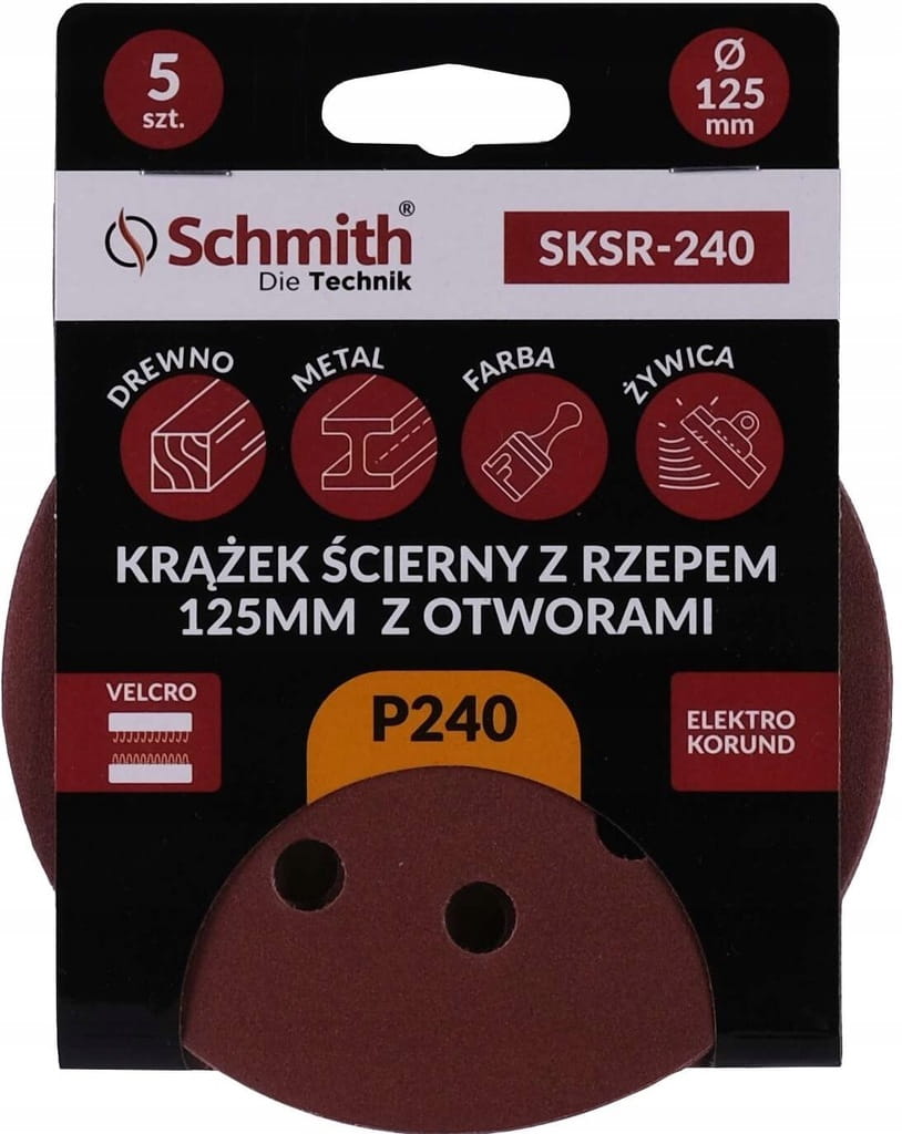 PAPIER ŚCIERNY KRĄŻKI NA RZEP Z OTWORWAMI 125mm P240 ZESTAW 5szt SCHMITH